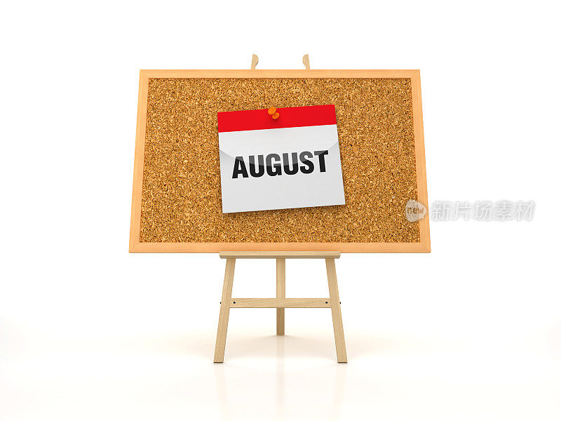 画架与8月日历在软木板框架- 3D渲染
